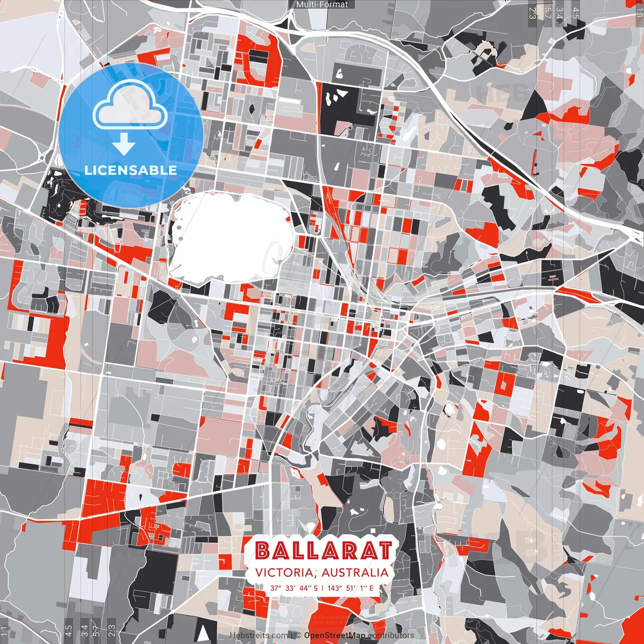 Ballarat, Victoria, Australia - modern street map poster template with gray and red tones