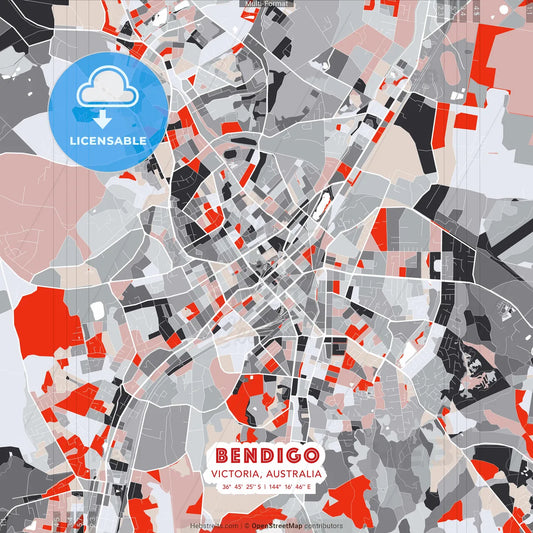 Bendigo, Victoria, Australia - modern street map poster template with gray and red tones