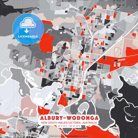 Albury–Wodonga, New South Wales/Victoria, Australia - modern street map poster template with gray and red tones