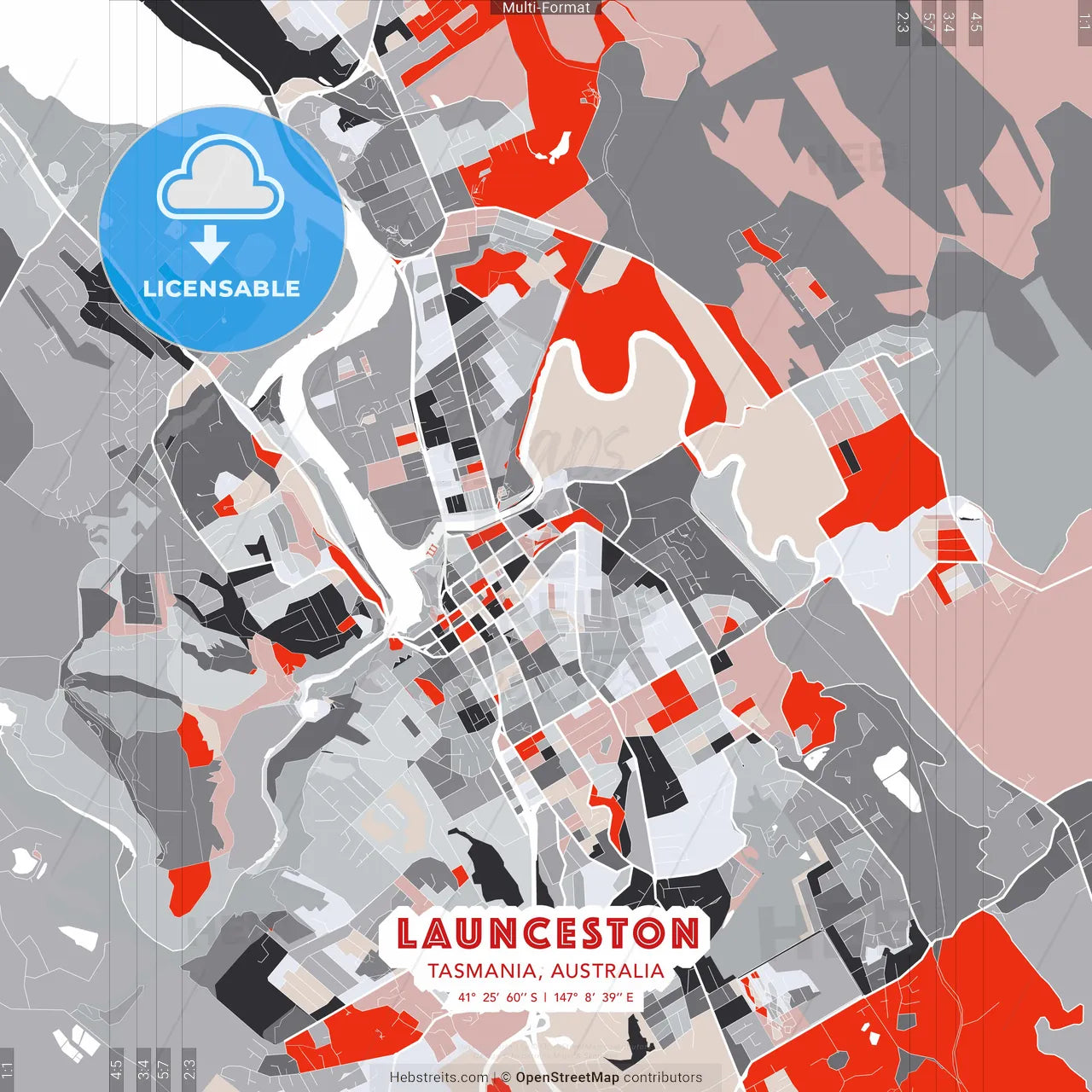 Launceston, Tasmania, Australia - modern street map poster template with gray and red tones