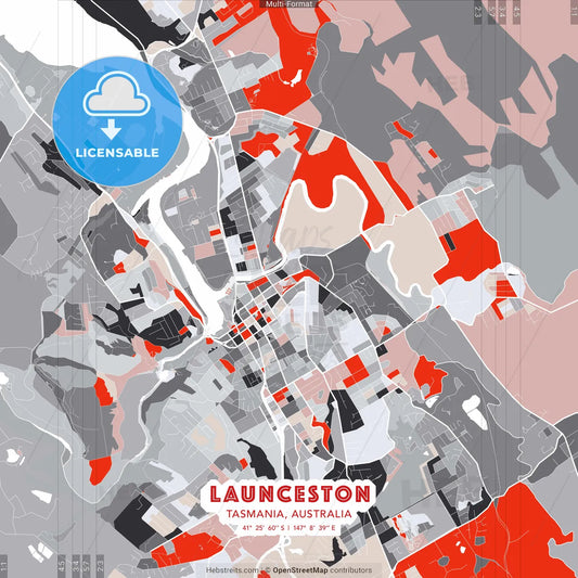 Launceston, Tasmania, Australia - modern street map poster template with gray and red tones