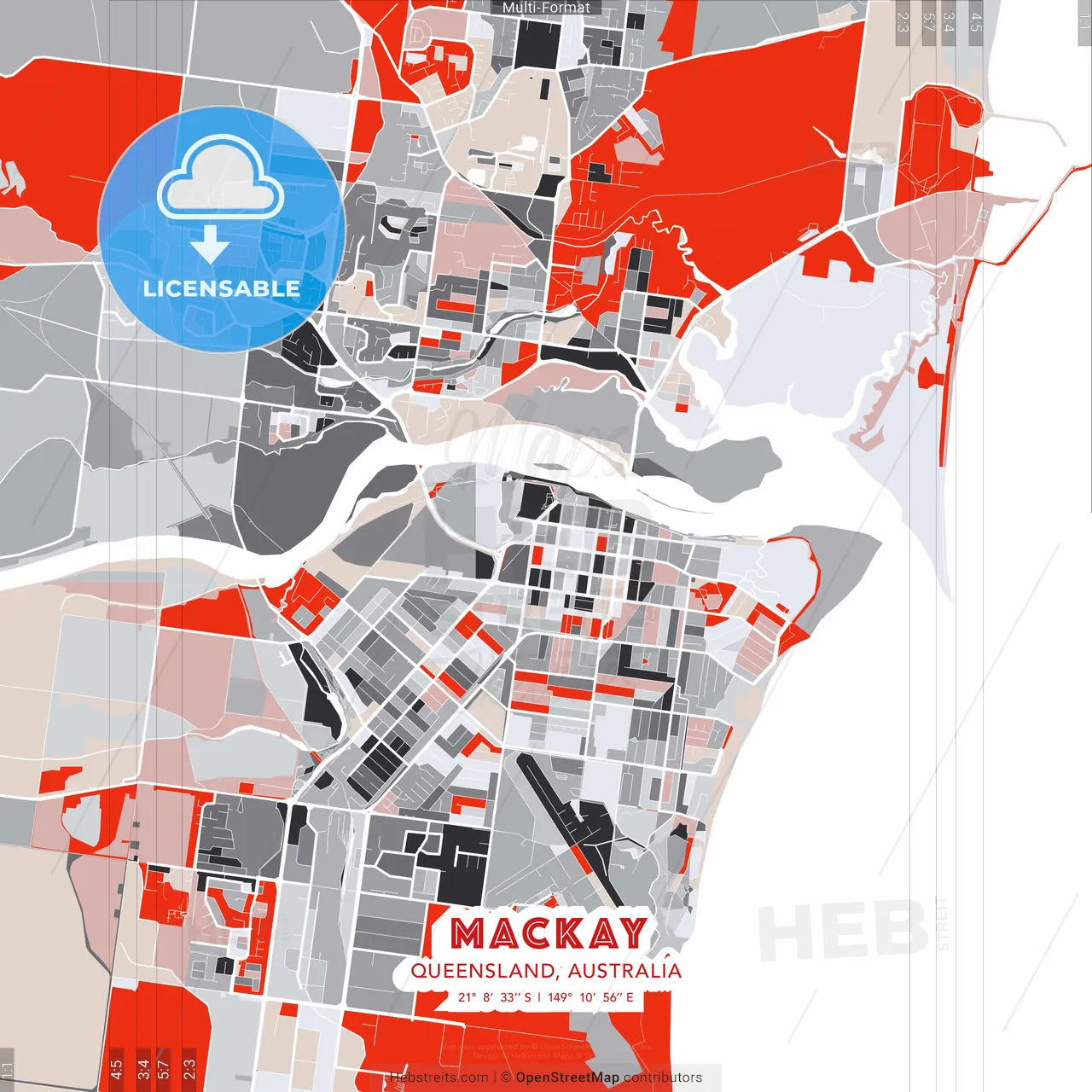 Mackay, Queensland, Australia - modern street map poster template with gray and red tones