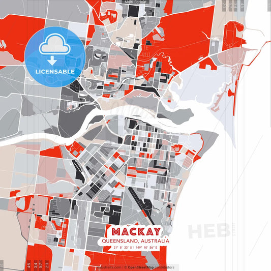 Mackay, Queensland, Australia - modern street map poster template with gray and red tones