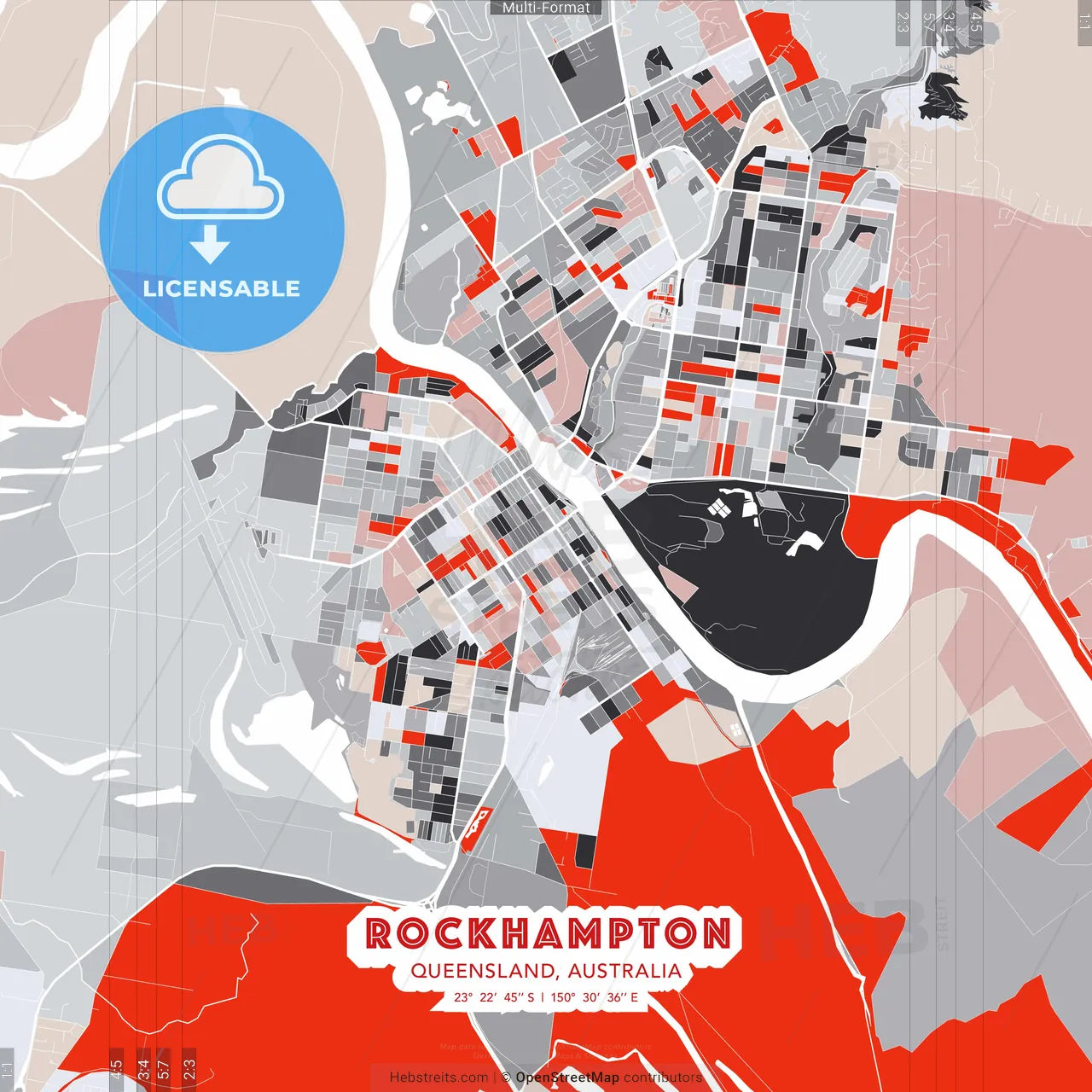 Rockhampton, Queensland, Australia - modern street map poster template with gray and red tones