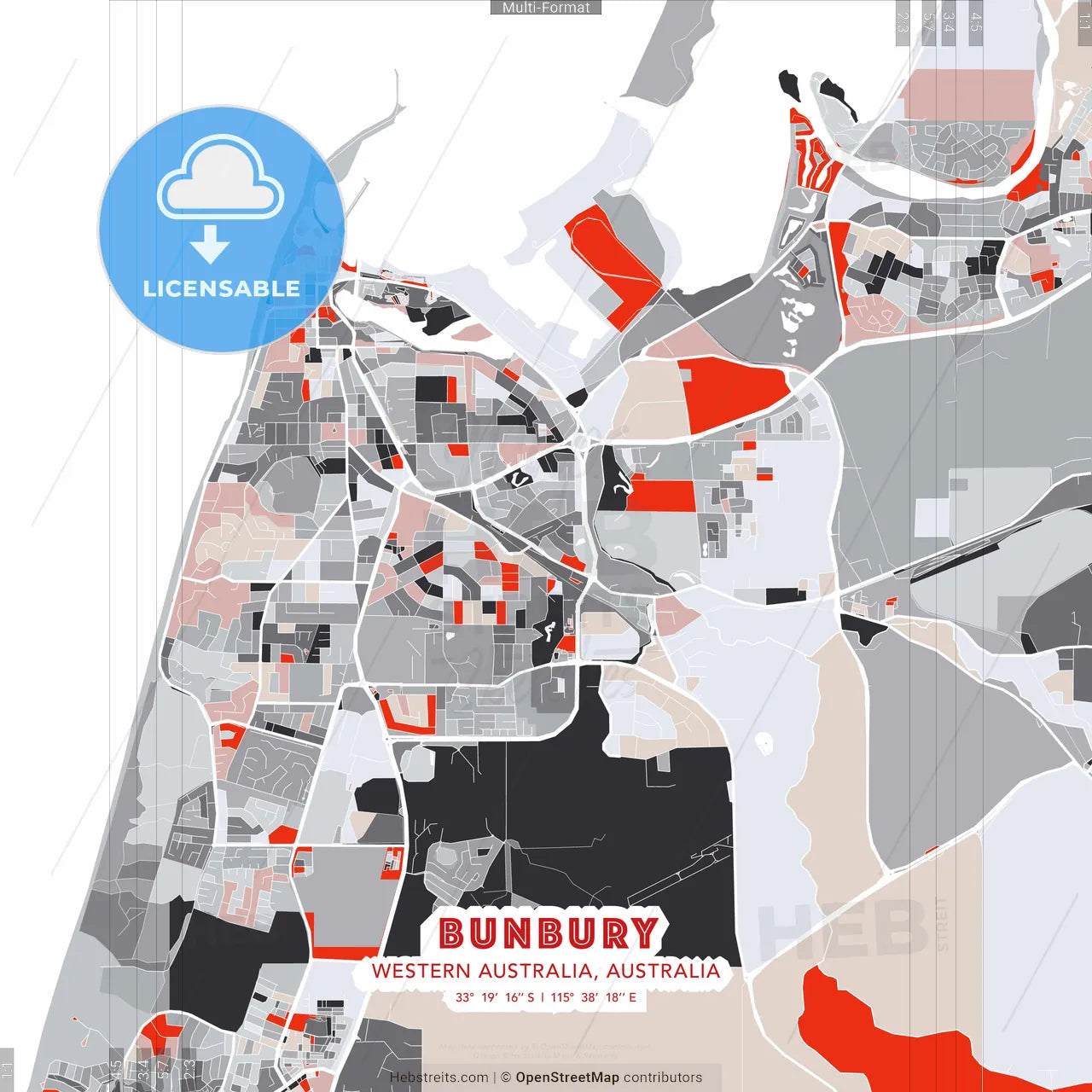 Bunbury, Western Australia, Australia - modern street map poster template with gray and red tones