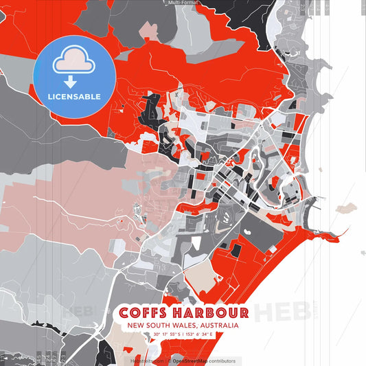 Coffs Harbour, New South Wales, Australia - modern street map poster template with gray and red tones