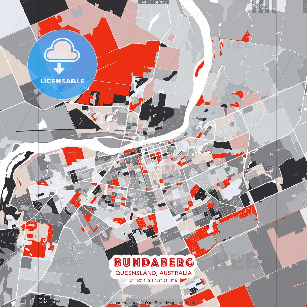 Bundaberg, Queensland, Australia - modern street map poster template with gray and red tones