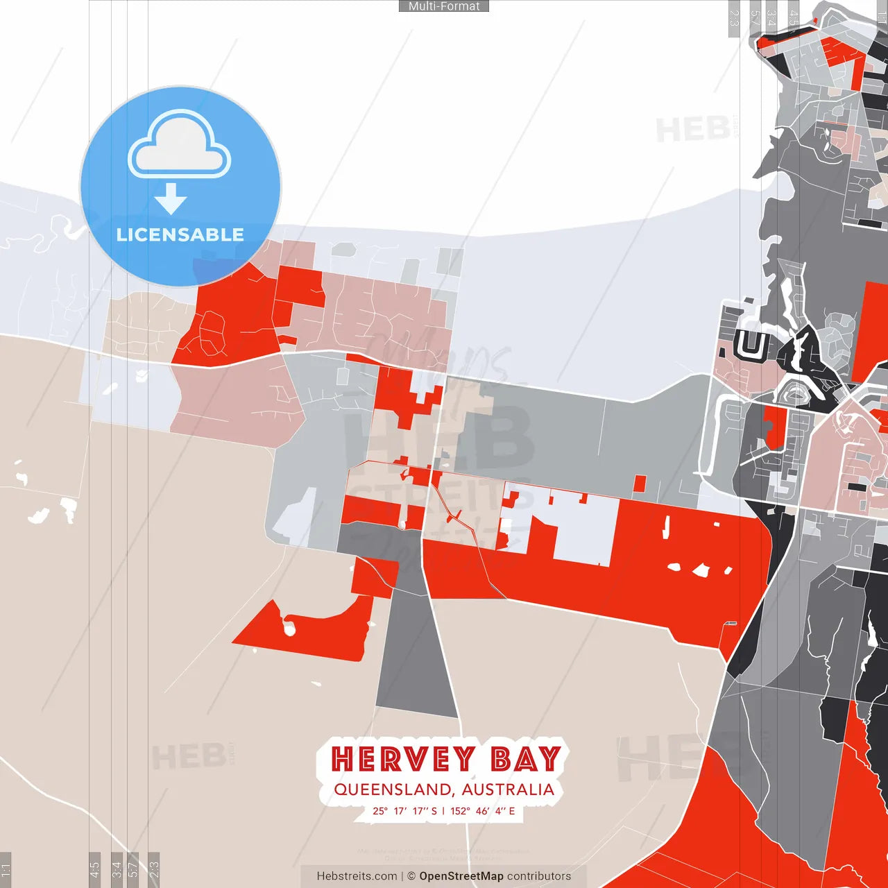 Hervey Bay, Queensland, Australia - modern street map poster template with gray and red tones