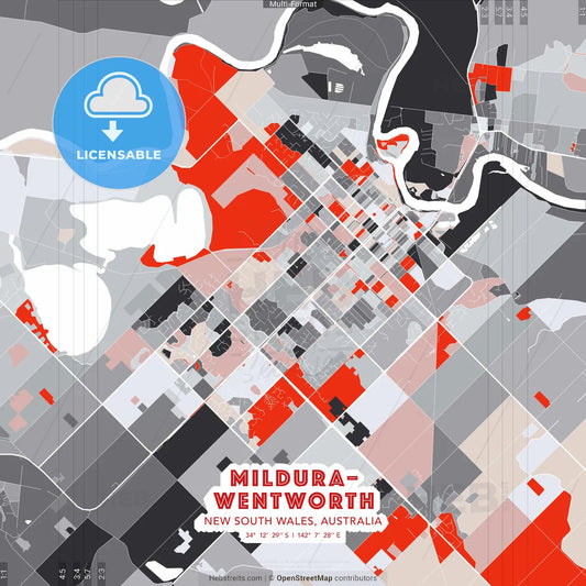 Mildura–Wentworth, New South Wales, Australia - modern street map poster template with gray and red tones