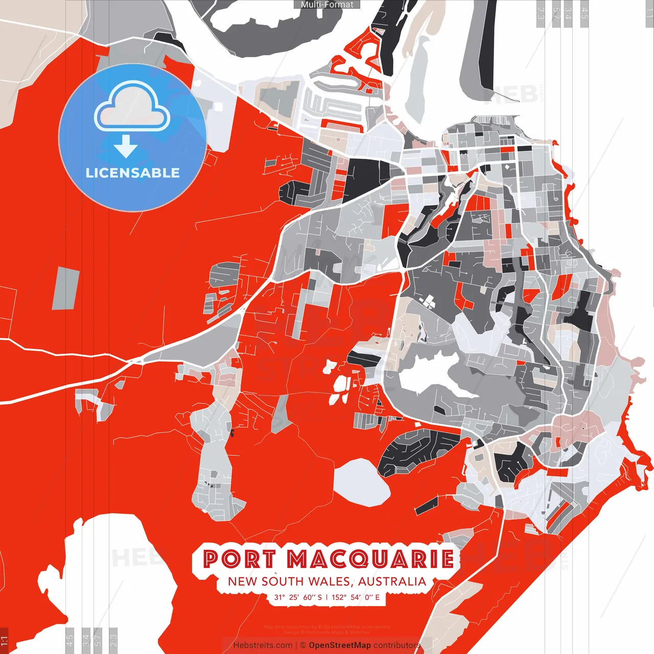 Port Macquarie, New South Wales, Australia - modern street map poster template with gray and red tones