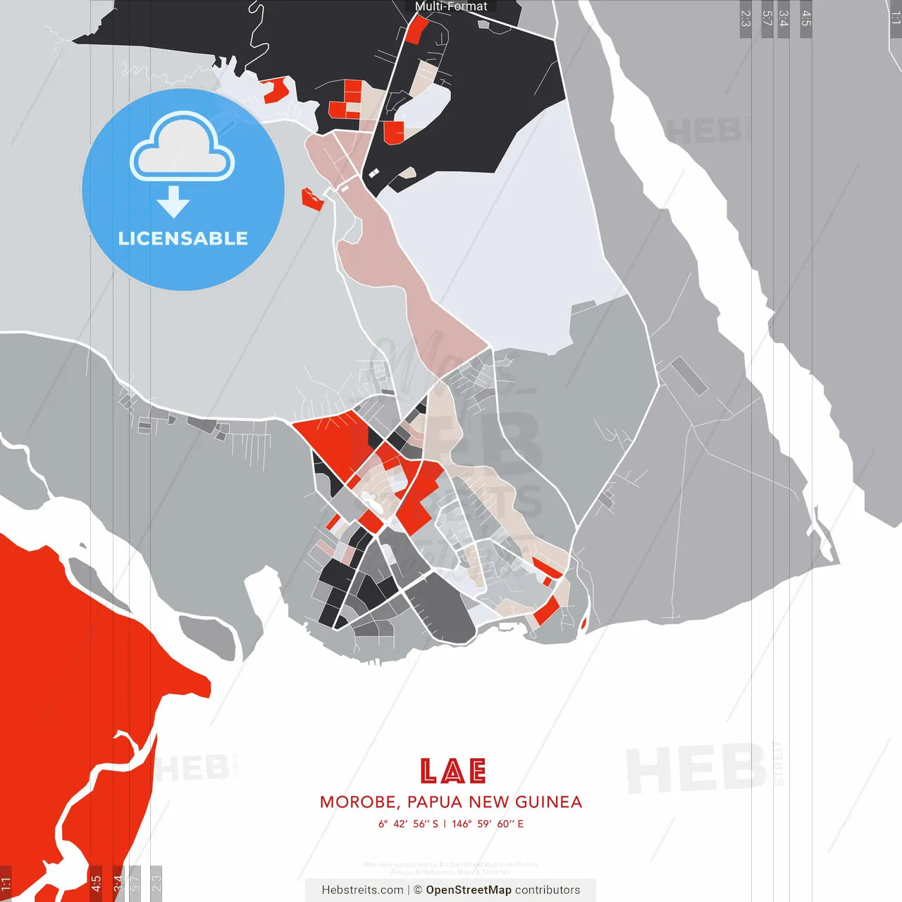 Lae, Morobe, Papua New Guinea - modern street map poster template with gray and red tones