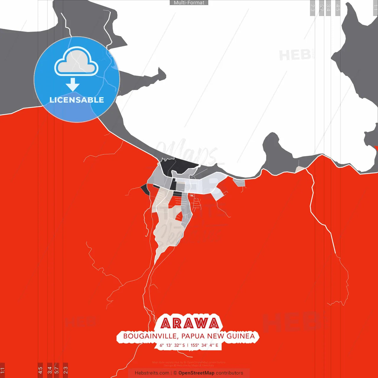 Arawa, Bougainville, Papua New Guinea - modern street map poster template with gray and red tones