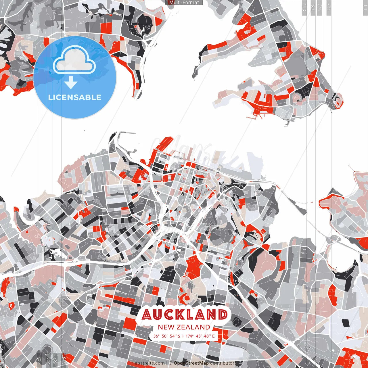 Auckland, New Zealand - modern street map poster template with gray and red tones