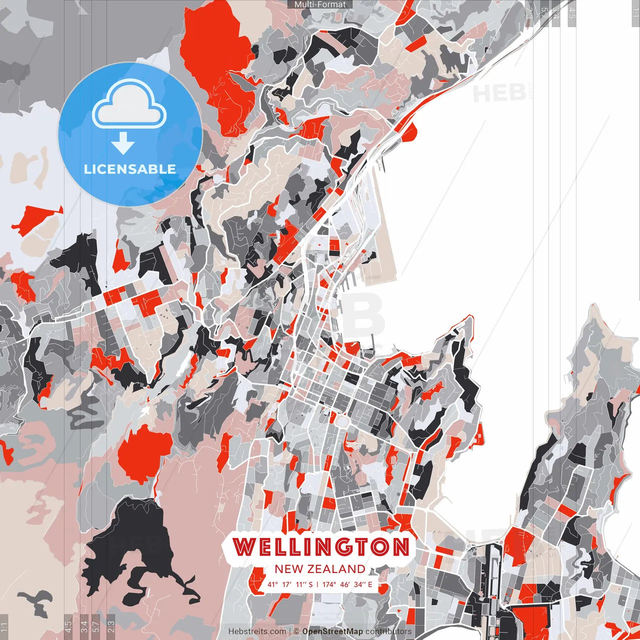 Wellington, New Zealand - modern street map poster template with gray and red tones
