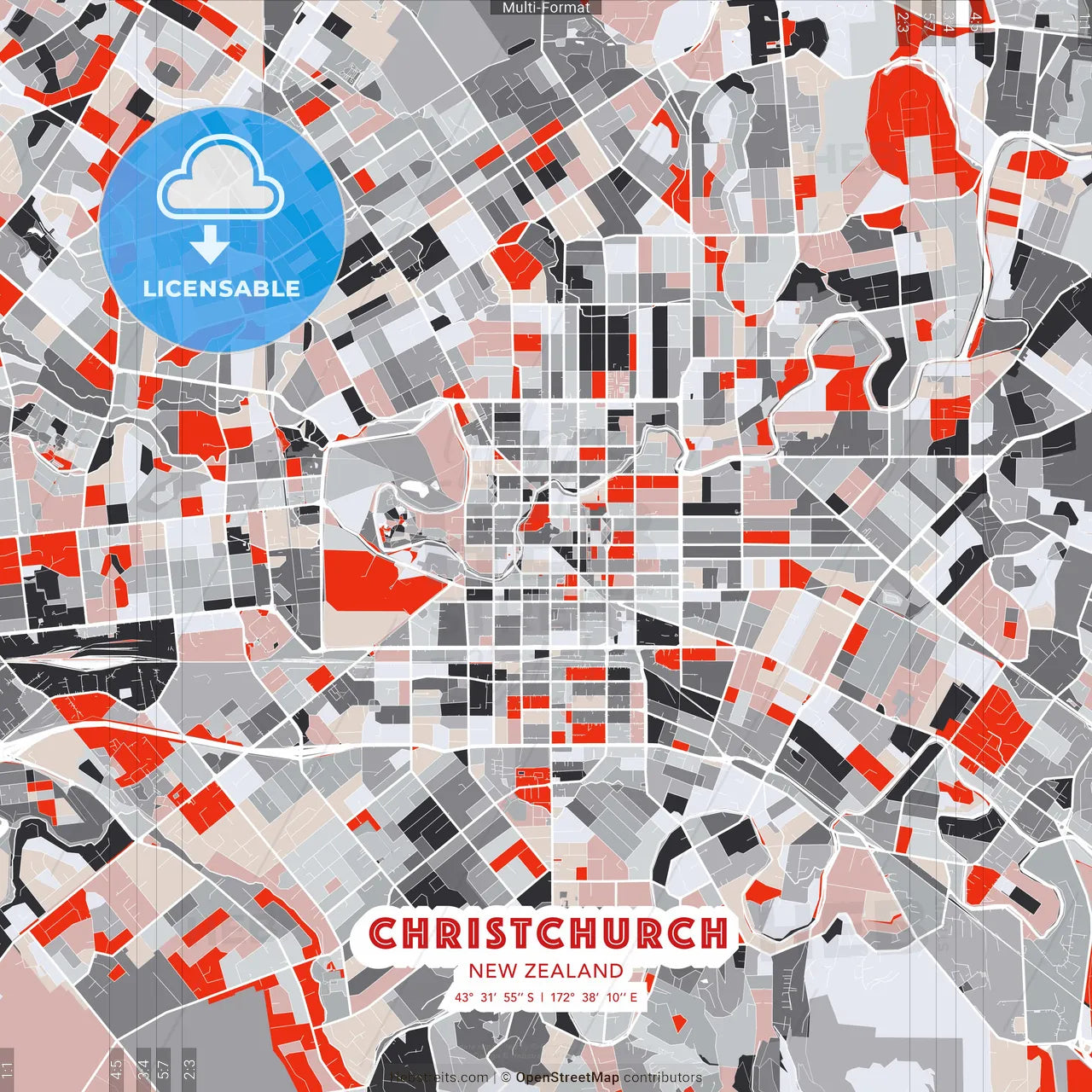 Christchurch, New Zealand - modern street map poster template with gray and red tones