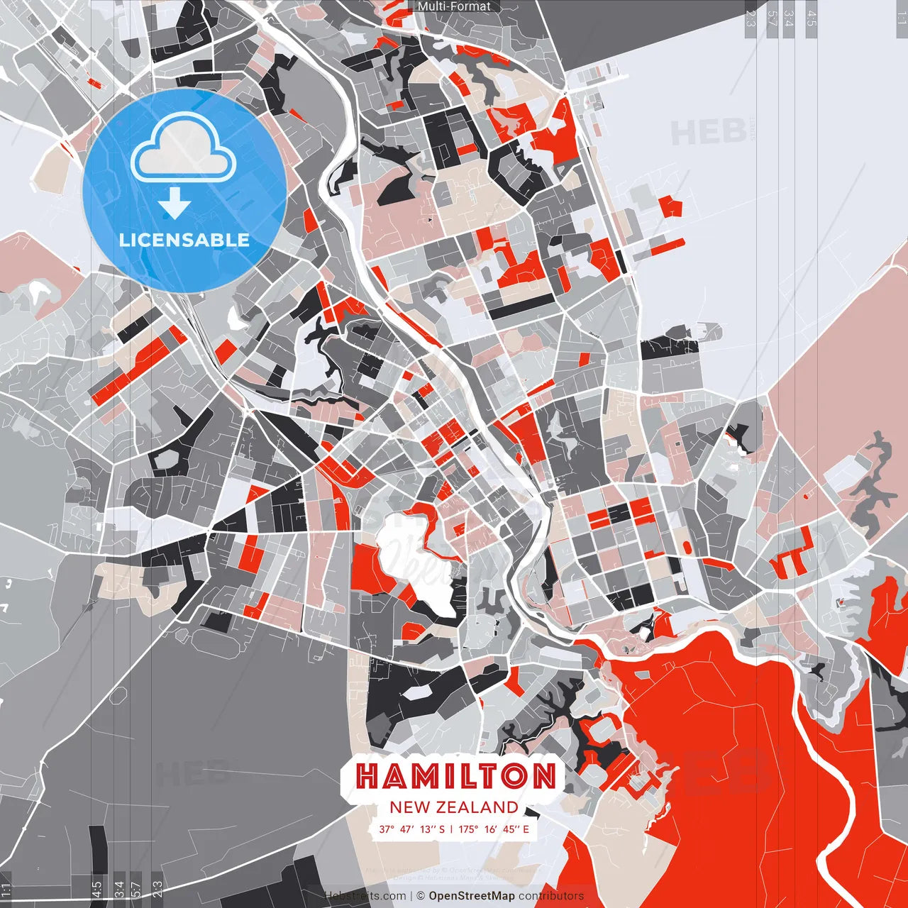 Hamilton, New Zealand - modern street map poster template with gray and red tones