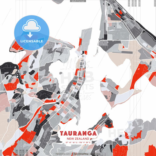 Tauranga, New Zealand - modern street map poster template with gray and red tones