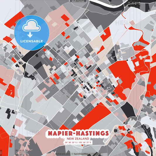 Napier-Hastings, New Zealand - modern street map poster template with gray and red tones