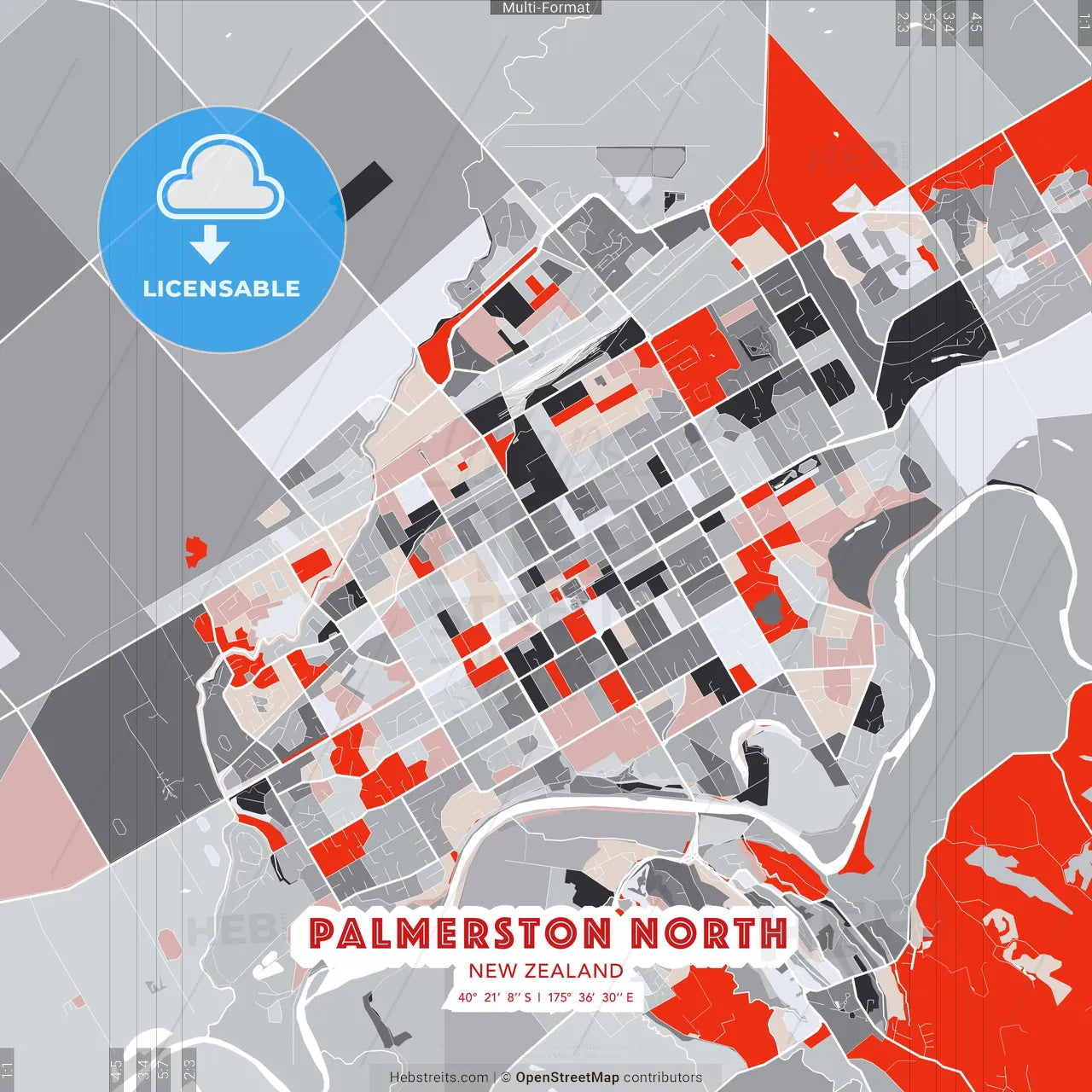 Palmerston North, New Zealand - modern street map poster template with gray and red tones