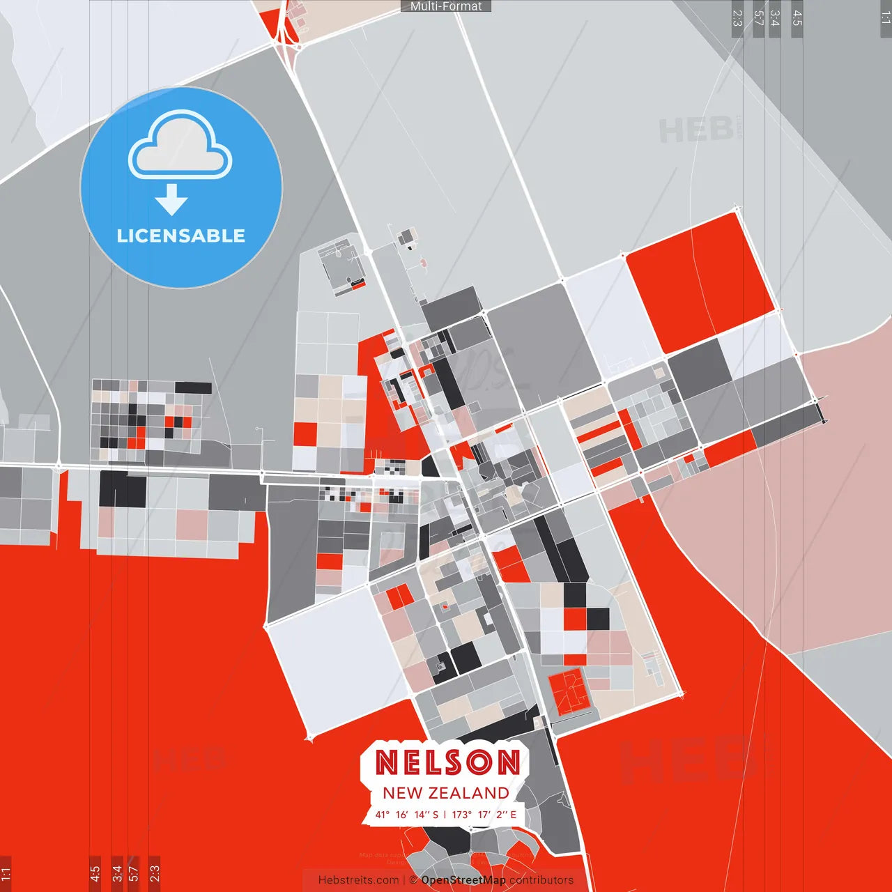 Nelson, New Zealand - modern street map poster template with gray and red tones