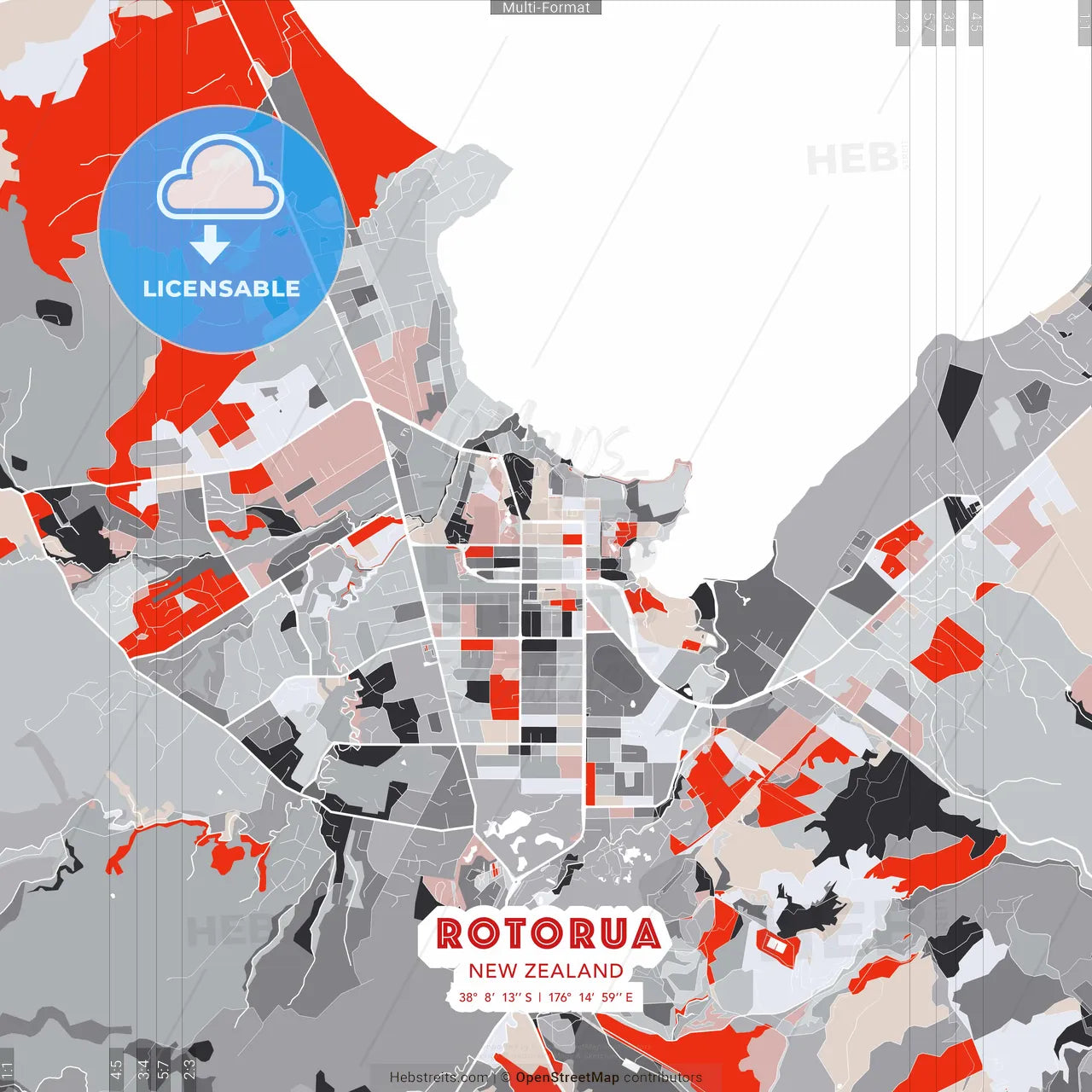 Rotorua, New Zealand - modern street map poster template with gray and red tones