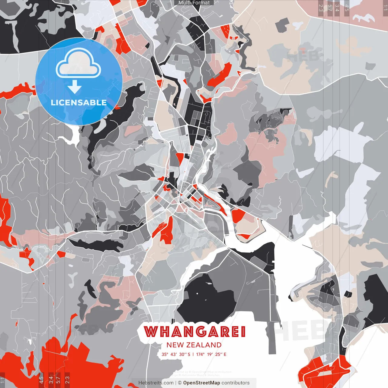 Whangarei, New Zealand - modern street map poster template with gray and red tones