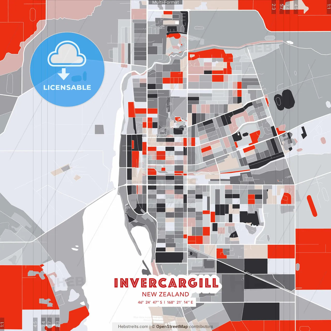 Invercargill, New Zealand - modern street map poster template with gray and red tones
