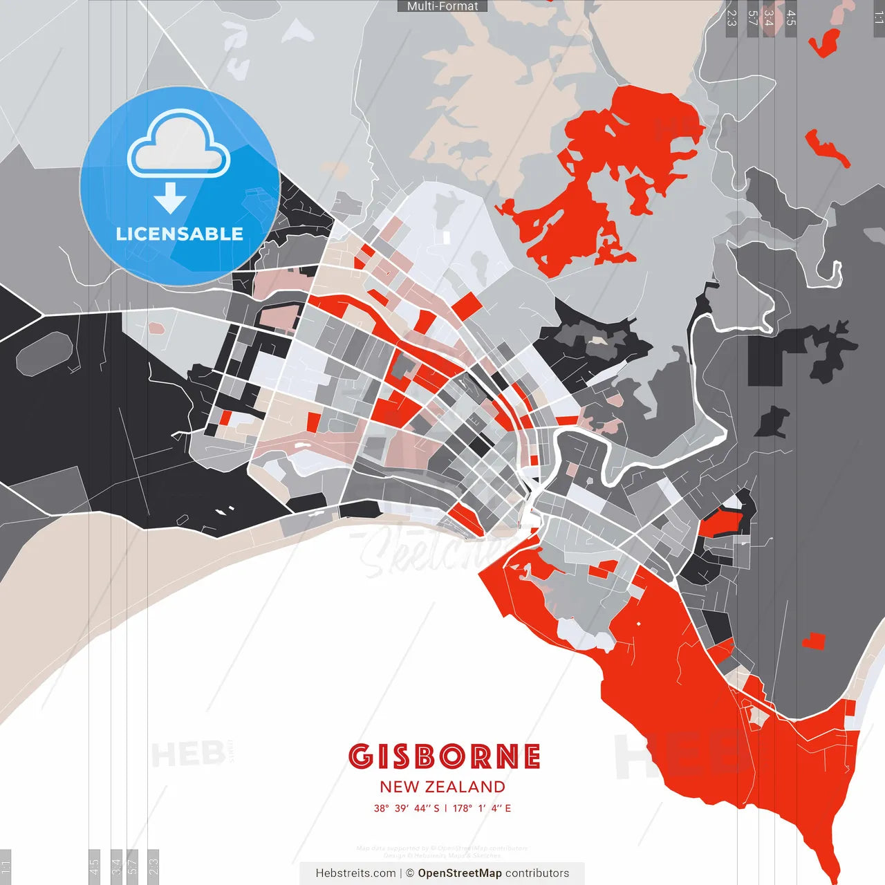 Gisborne, New Zealand - modern street map poster template with gray and red tones