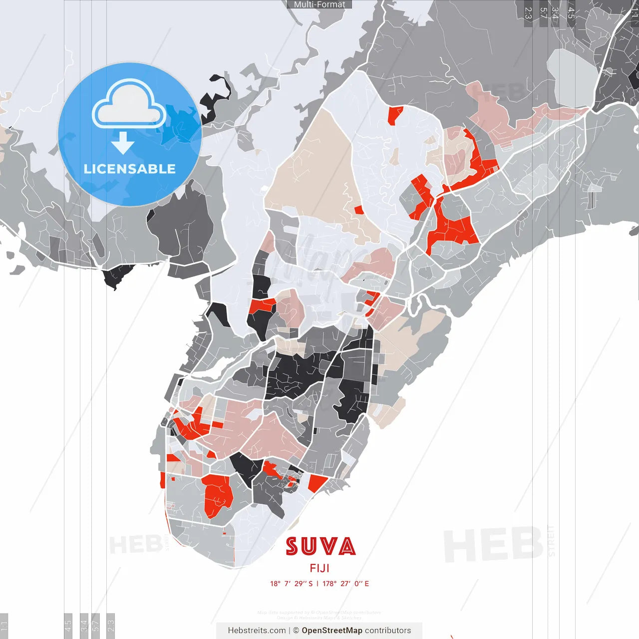 Suva, Fiji - modern street map poster template with gray and red tones