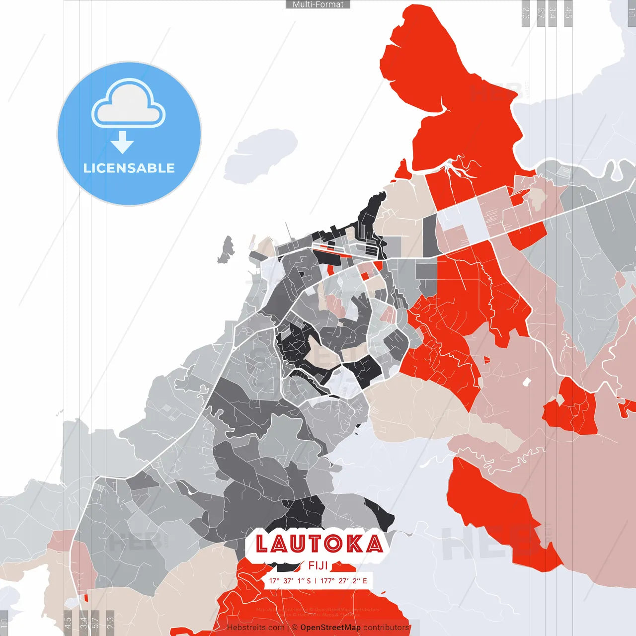 Lautoka, Fiji - modern street map poster template with gray and red tones
