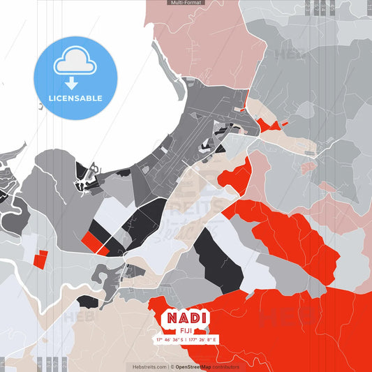 Nadi, Fiji - modern street map poster template with gray and red tones