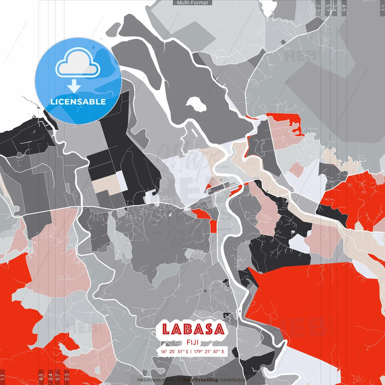 Labasa, Fiji - modern street map poster template with gray and red tones