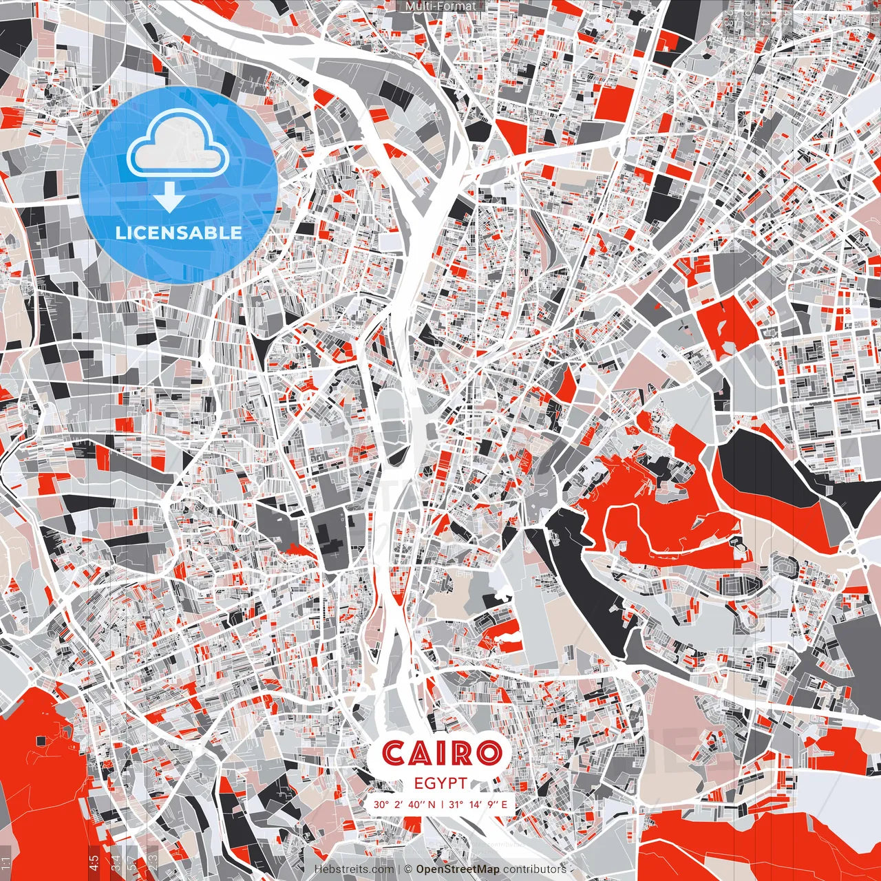 Cairo, Egypt - modern street map poster template with gray and red tones