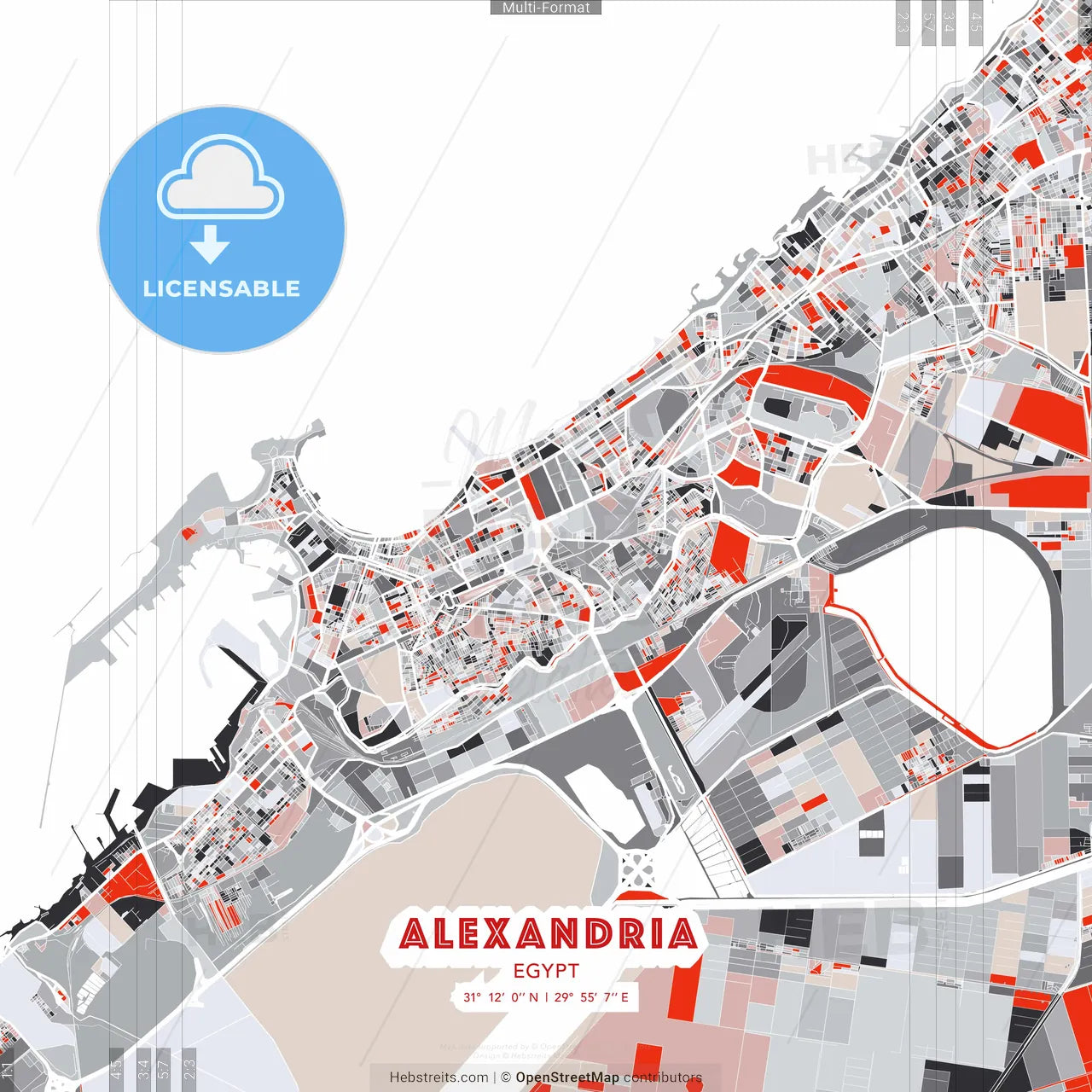 Alexandria, Egypt - modern street map poster template with gray and red tones