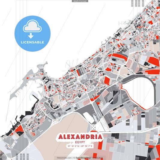 Alexandria, Egypt - modern street map poster template with gray and red tones