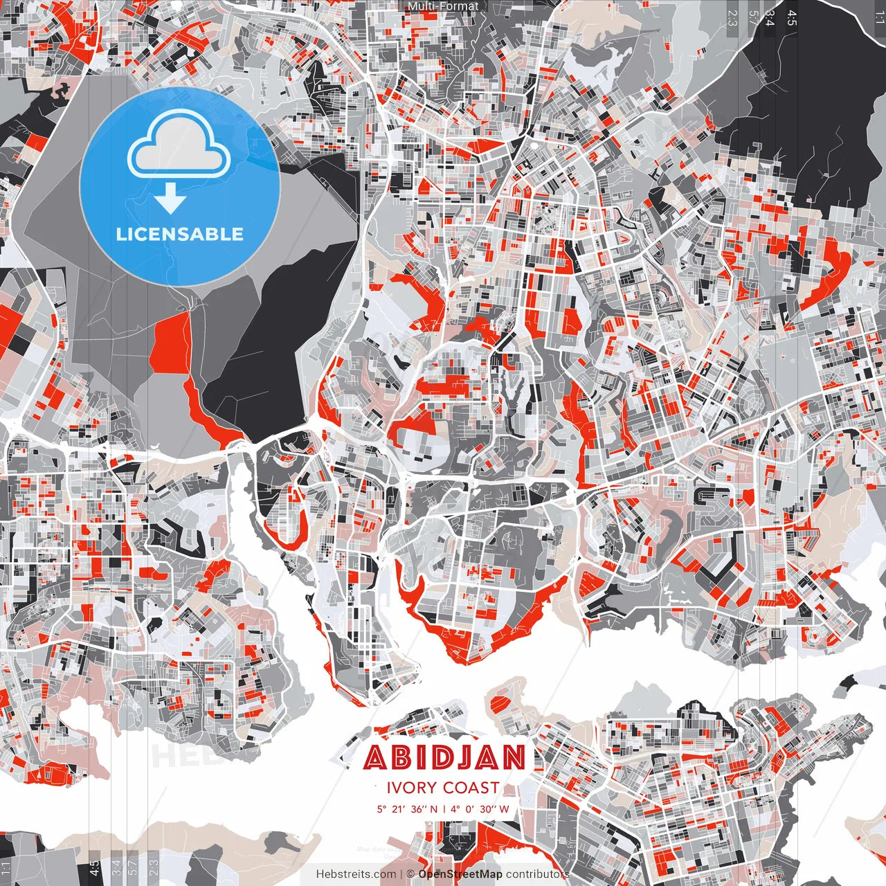 Abidjan, Ivory Coast - modern street map poster template with gray and red tones