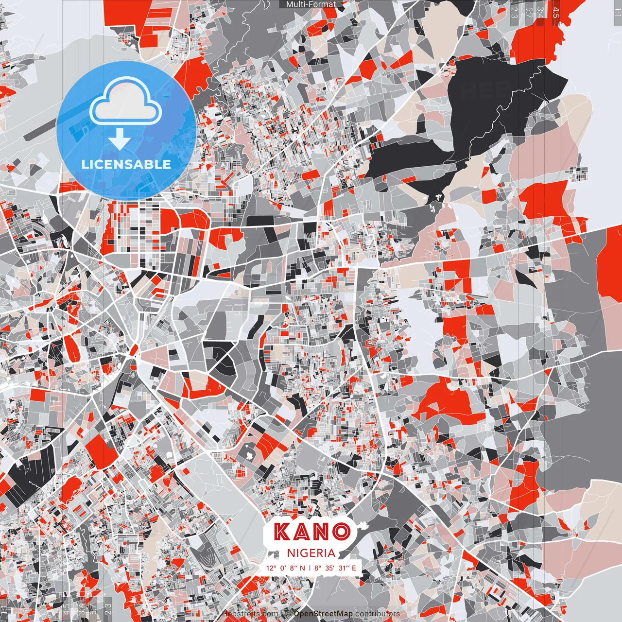 Kano, Nigeria - modern street map poster template with gray and red tones