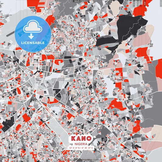 Kano, Nigeria - modern street map poster template with gray and red tones