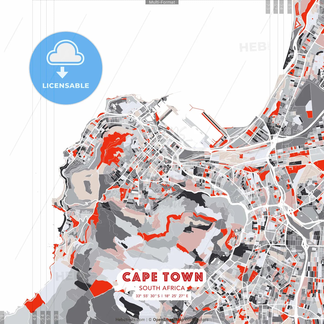 Cape Town, South Africa - modern street map poster template with gray and red tones