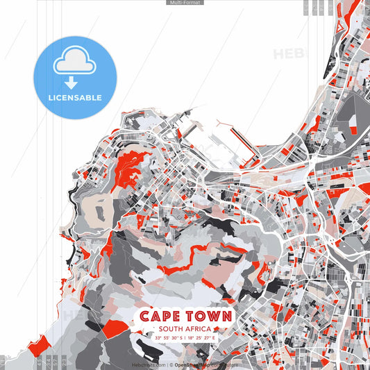 Cape Town, South Africa - modern street map poster template with gray and red tones