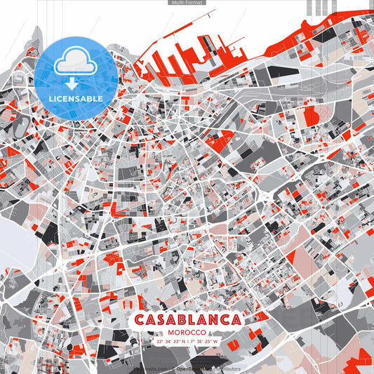 Casablanca, Morocco - modern street map poster template with gray and red tones