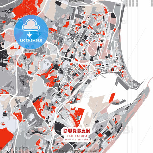 Durban, South Africa - modern street map poster template with gray and red tones