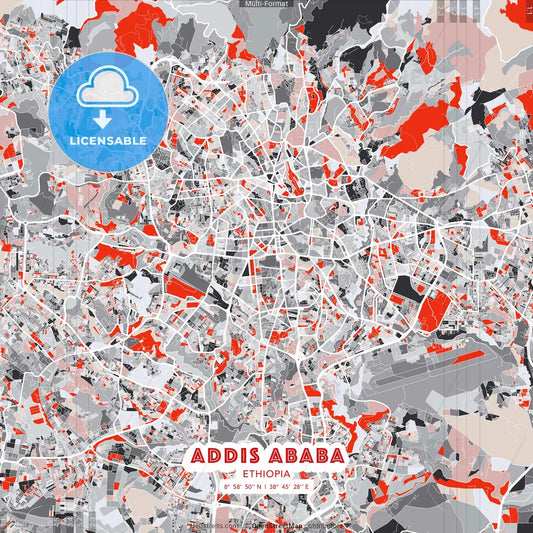 Addis Ababa, Ethiopia - modern street map poster template with gray and red tones