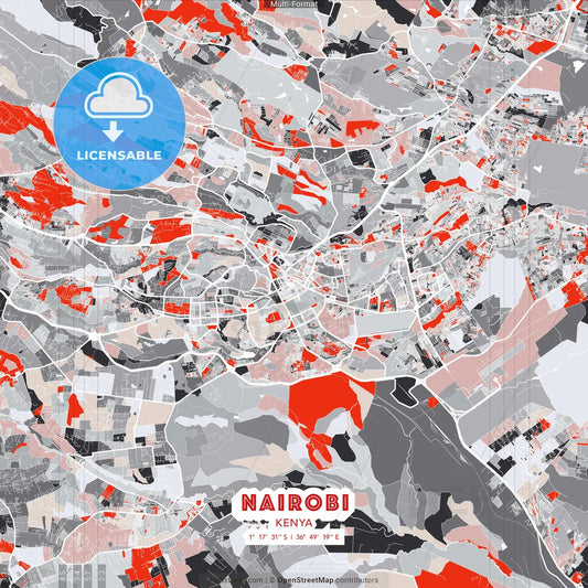 Nairobi, Kenya - modern street map poster template with gray and red tones