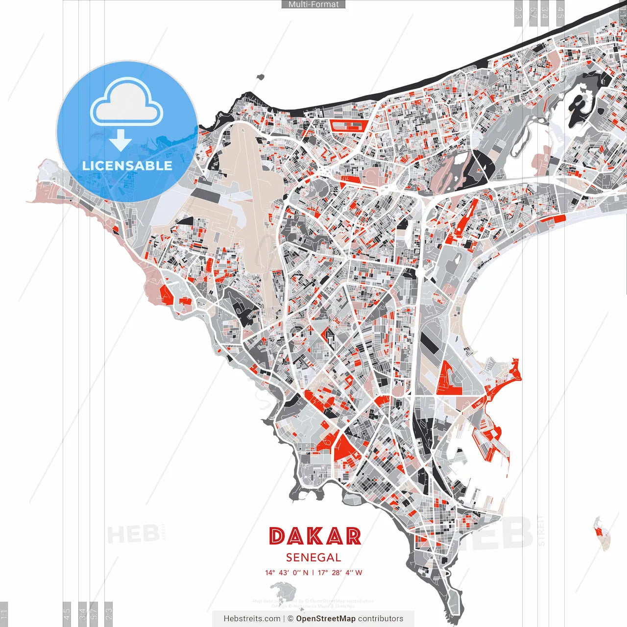 Dakar, Senegal - modern street map poster template with gray and red tones