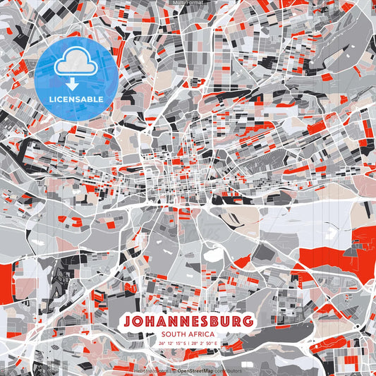 Johannesburg, South Africa - modern street map poster template with gray and red tones
