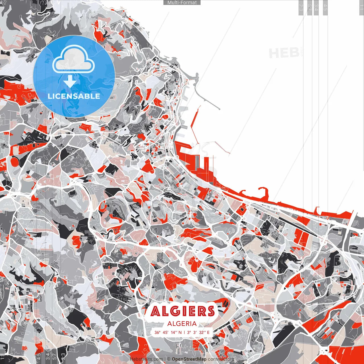 Algiers, Algeria - modern street map poster template with gray and red tones