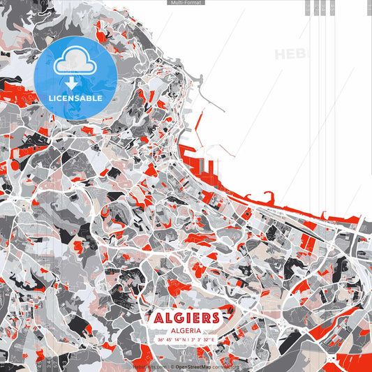 Algiers, Algeria - modern street map poster template with gray and red tones