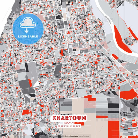Khartoum, Sudan - modern street map poster template with gray and red tones