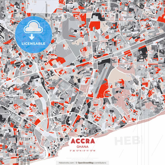 Accra, Ghana - modern street map poster template with gray and red tones